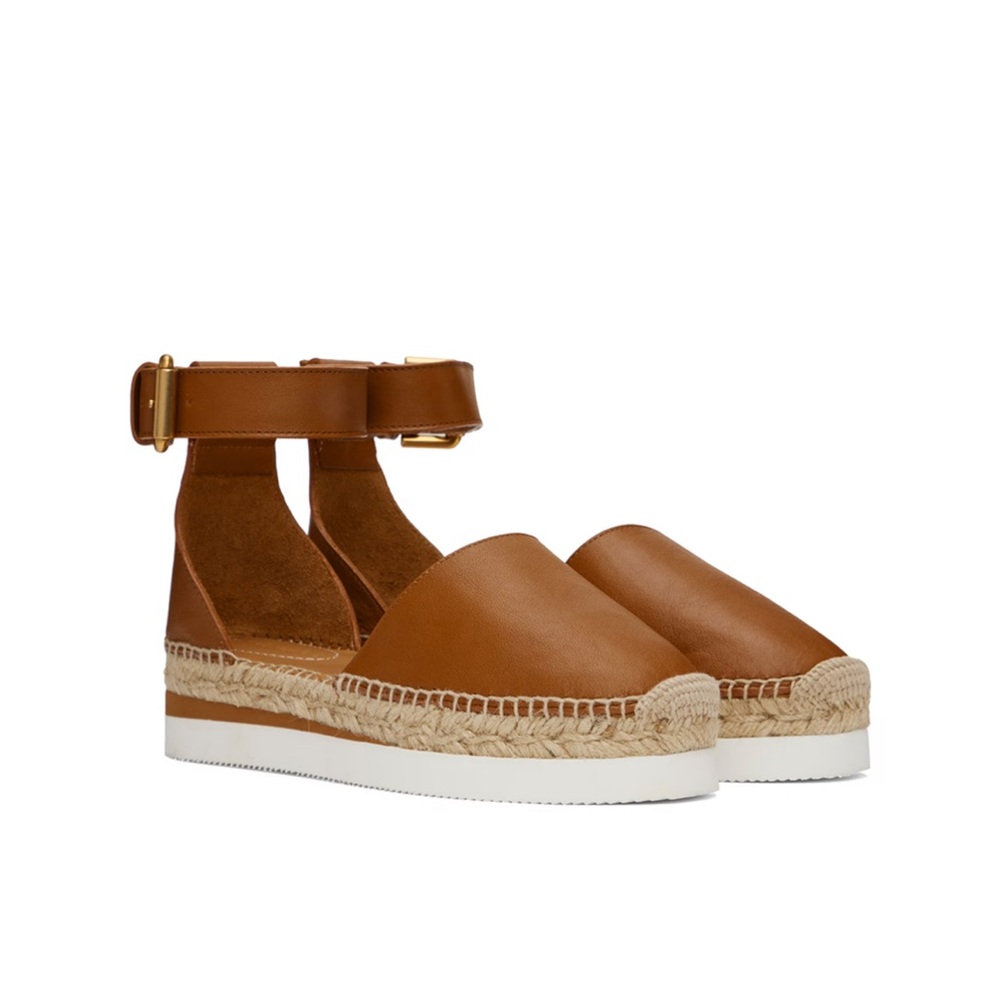 SEE BY CHLOE Tan Glyn Espadrilles Leather Flat Neutral Flats Shoes Gold Buckle 8